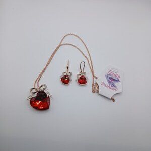 Ruby Red Heart Rhinestone Necklace Set